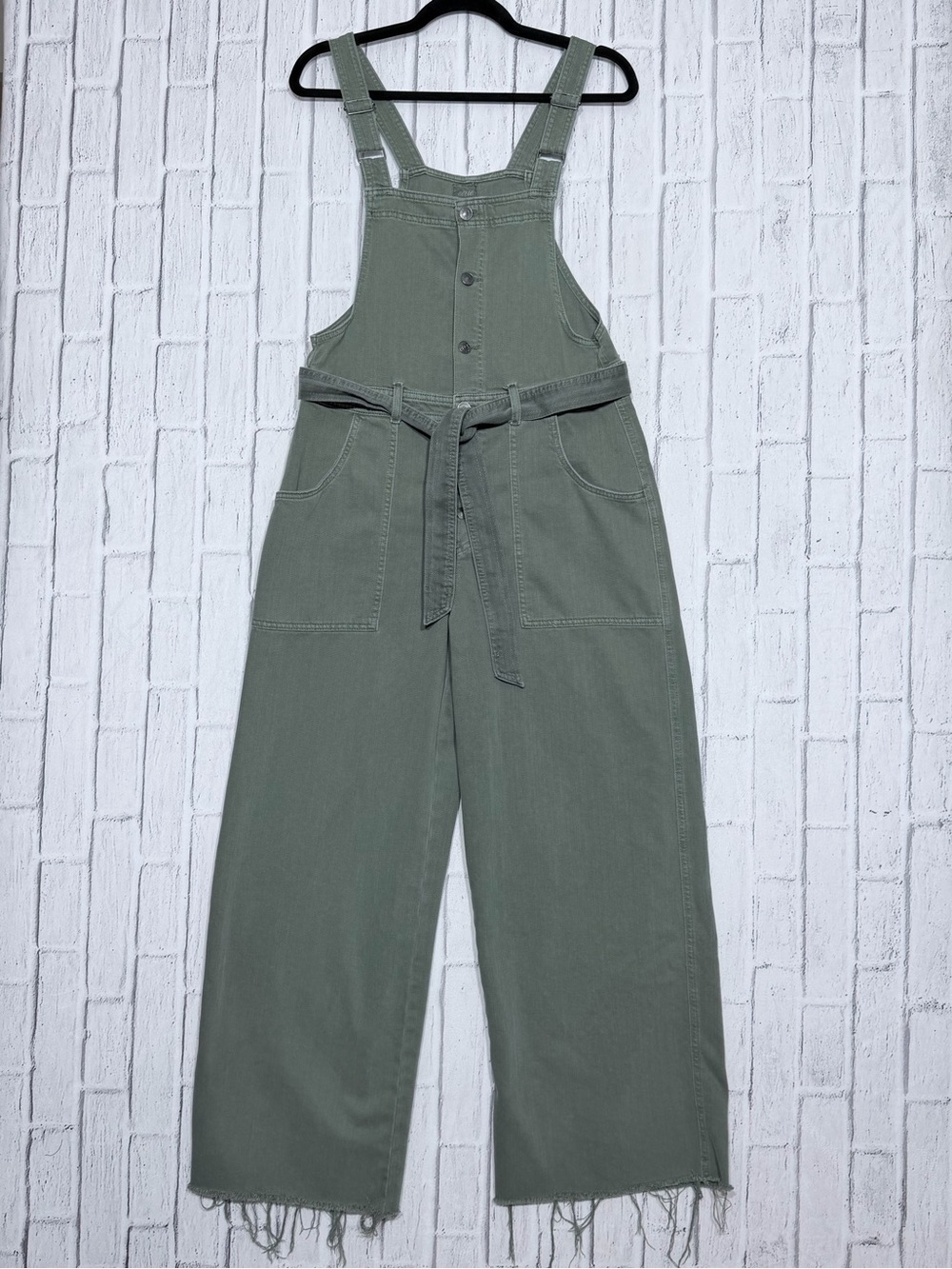🌿 Aerie Olive Fun Wide Leg Denim Overalls Raw Hem Tie Waist Medium